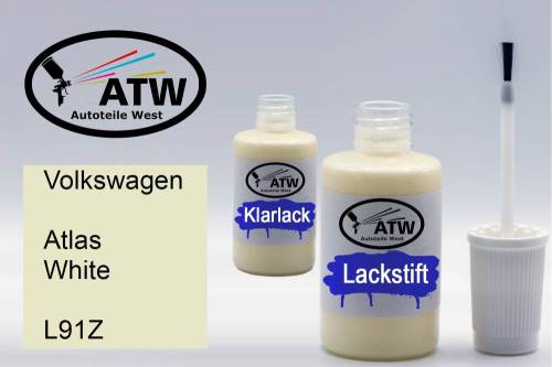 Volkswagen, Atlas White, L91Z: 20ml Lackstift + 20ml Klarlack - Set, von ATW Autoteile West.